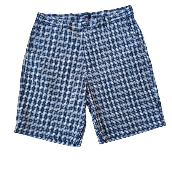 Chaps 78 Men's Classic Fit Flat Front Plaid Check Golf Shorts Blue/White Size 34 - Picture 2 of 11